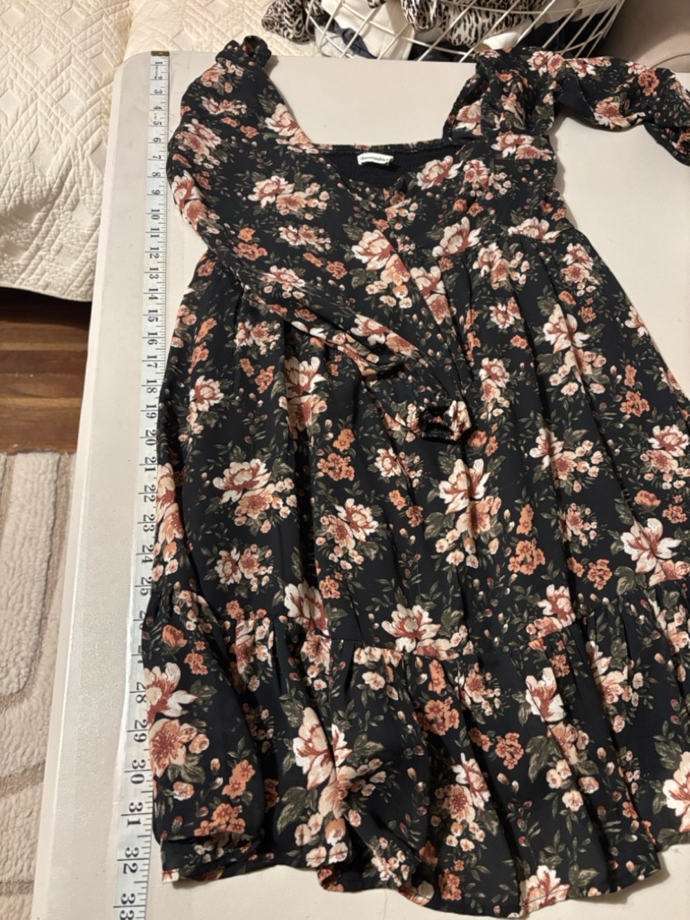 Abercrombie & Fitch Black Floral Dress Babydoll Mini Size Medium Long Sleeve Y2K - Picture 12 of 13